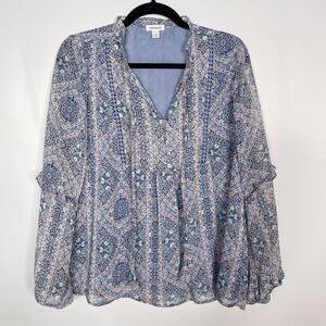 Westport Medium M Blue Pink Paisley Floral Print Long Sleeve Blouse Top VNeck